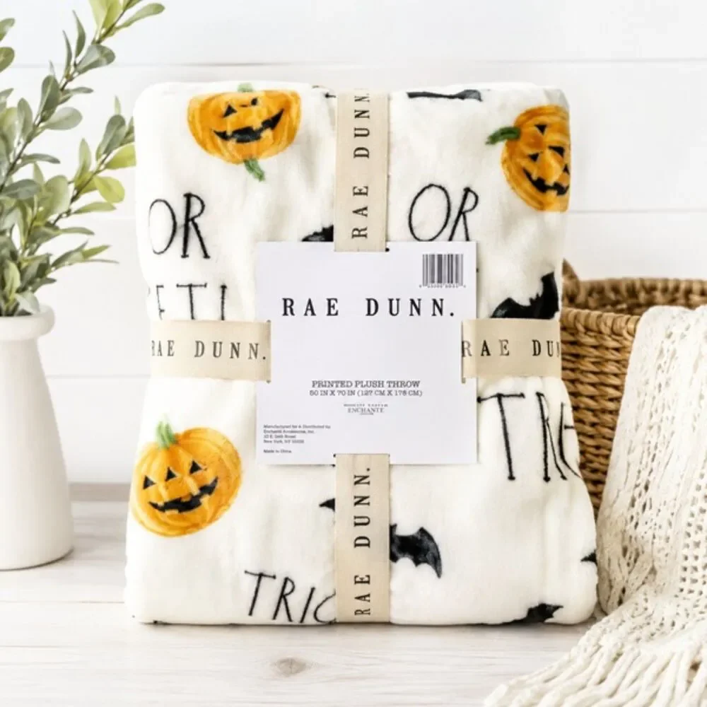 NWT Rae Dunn Trick Or Treat Plush Throw Halloween Bat Pumpkin Blanket 50×70